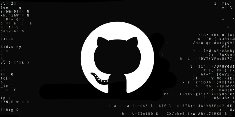 GitHub Octocat silhouetted by the moon. Lines of code run in the background like a city lit at night